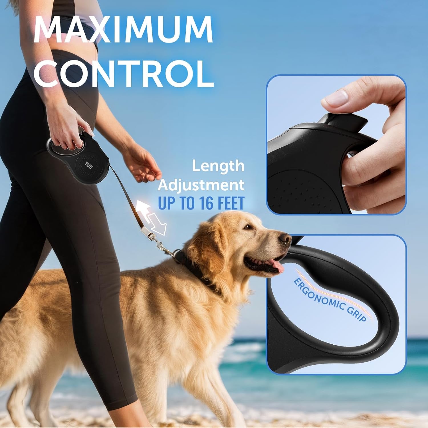 Quest Retractable Dog Leash – 16 ft, Tangle-Free (Medium, Black)