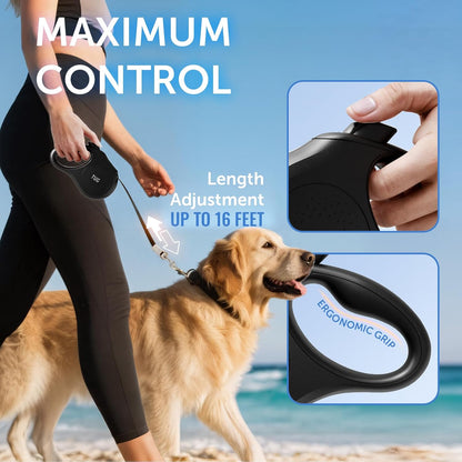Quest Retractable Dog Leash – 16 ft, Tangle-Free (Medium, Black)