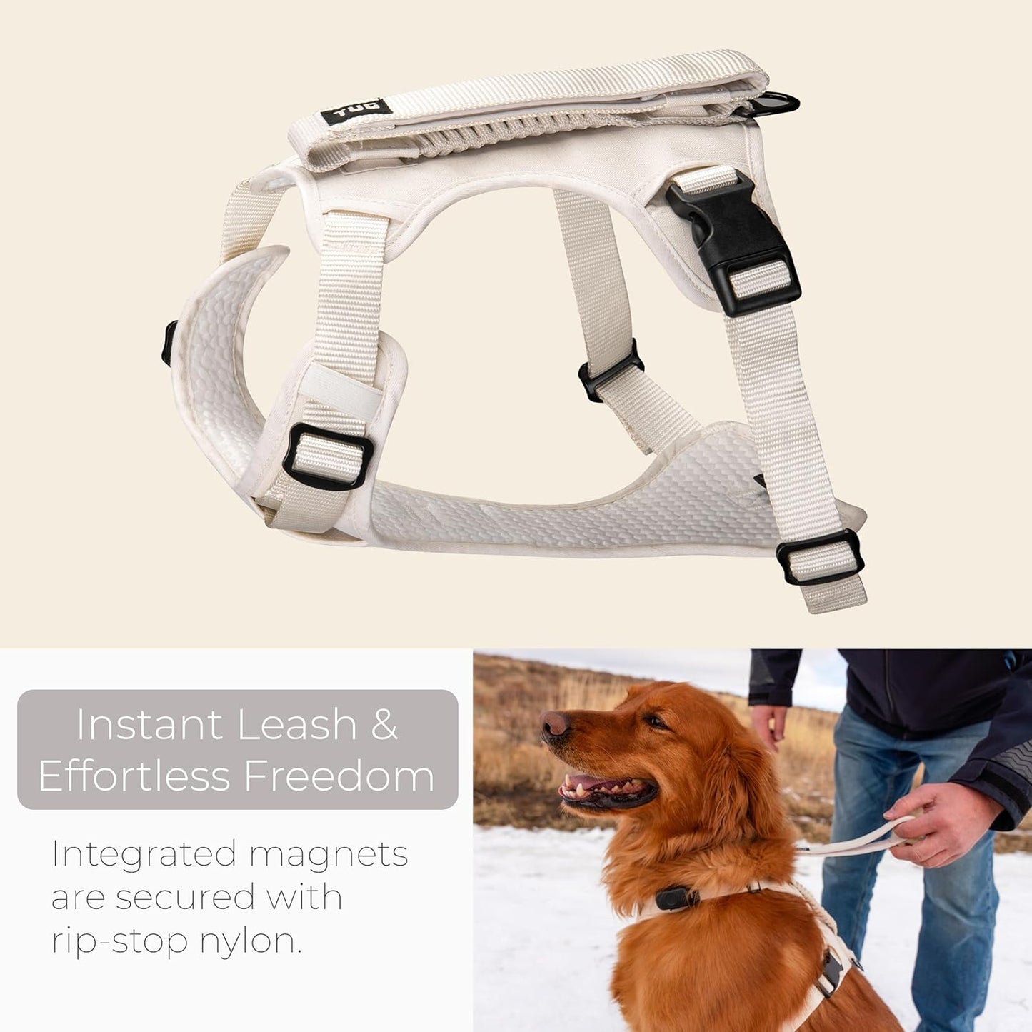 Grab Dog Harness | Integrated Traffic Leash Magnetically Attached for Quick Control (Small/Cream)