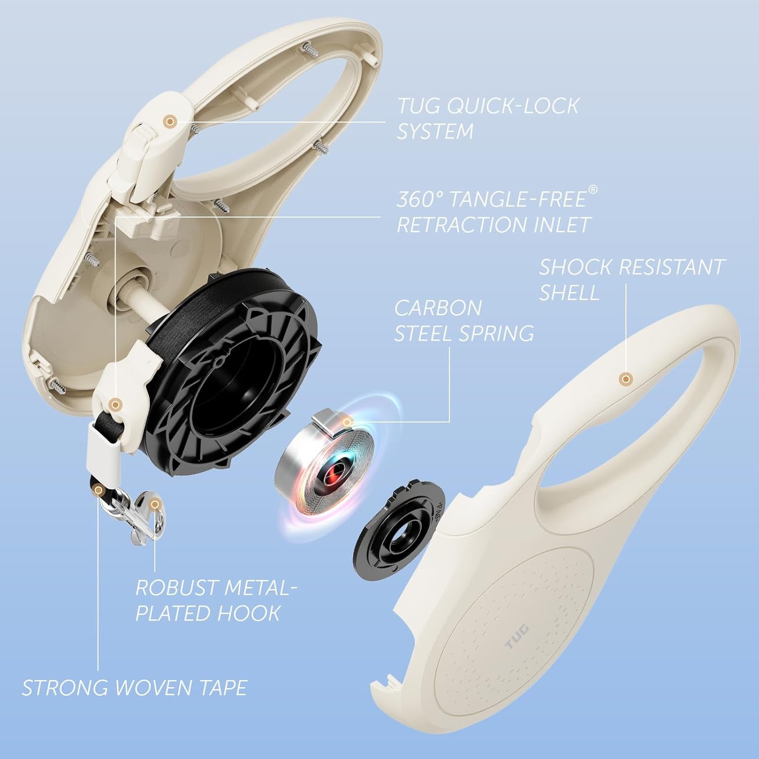 Quest Retractable Dog Leash – 16 ft, Tangle-Free (Medium, Cream)