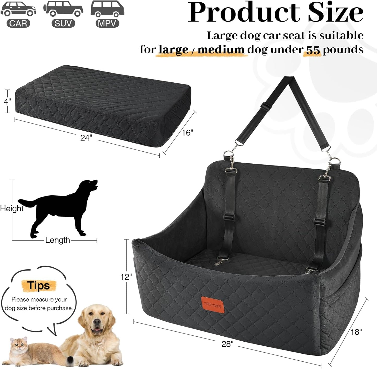 Dog Car Seat for Dogs up to 55Lbs (Black,Large)