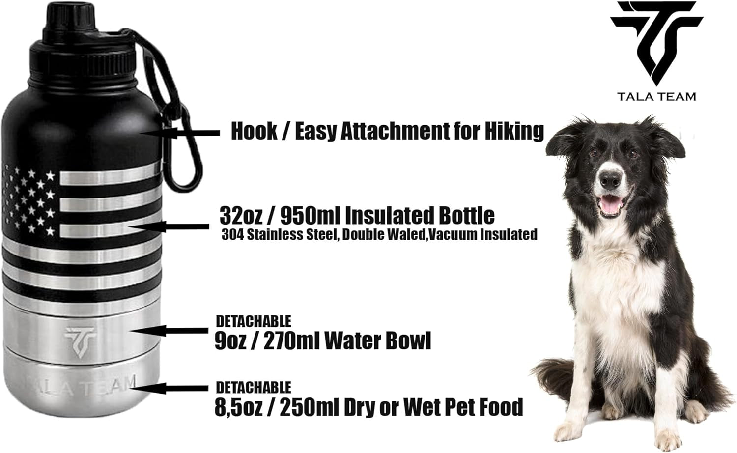 Insulated Dog Water Bottle Portable (32Oz) - Dog Travel Water Bottle with a Hook for Hiking & 2 Bowls Attached. Pet Travel Accessories, Puppy Essentials, Portable Pet Dispenser.