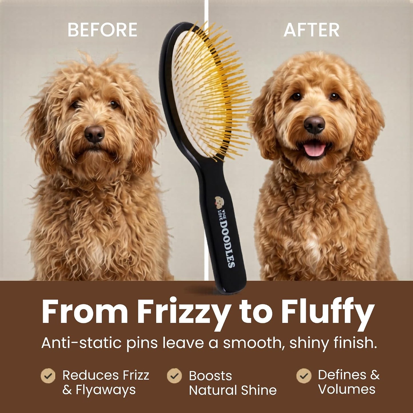 Pin Brush for Dogs, Pet Grooming Detangler Pin Dog Brush, Dog Brush for Shedding and Removing Loose Fur, Lightweight Beech Wood (Gold Pins)