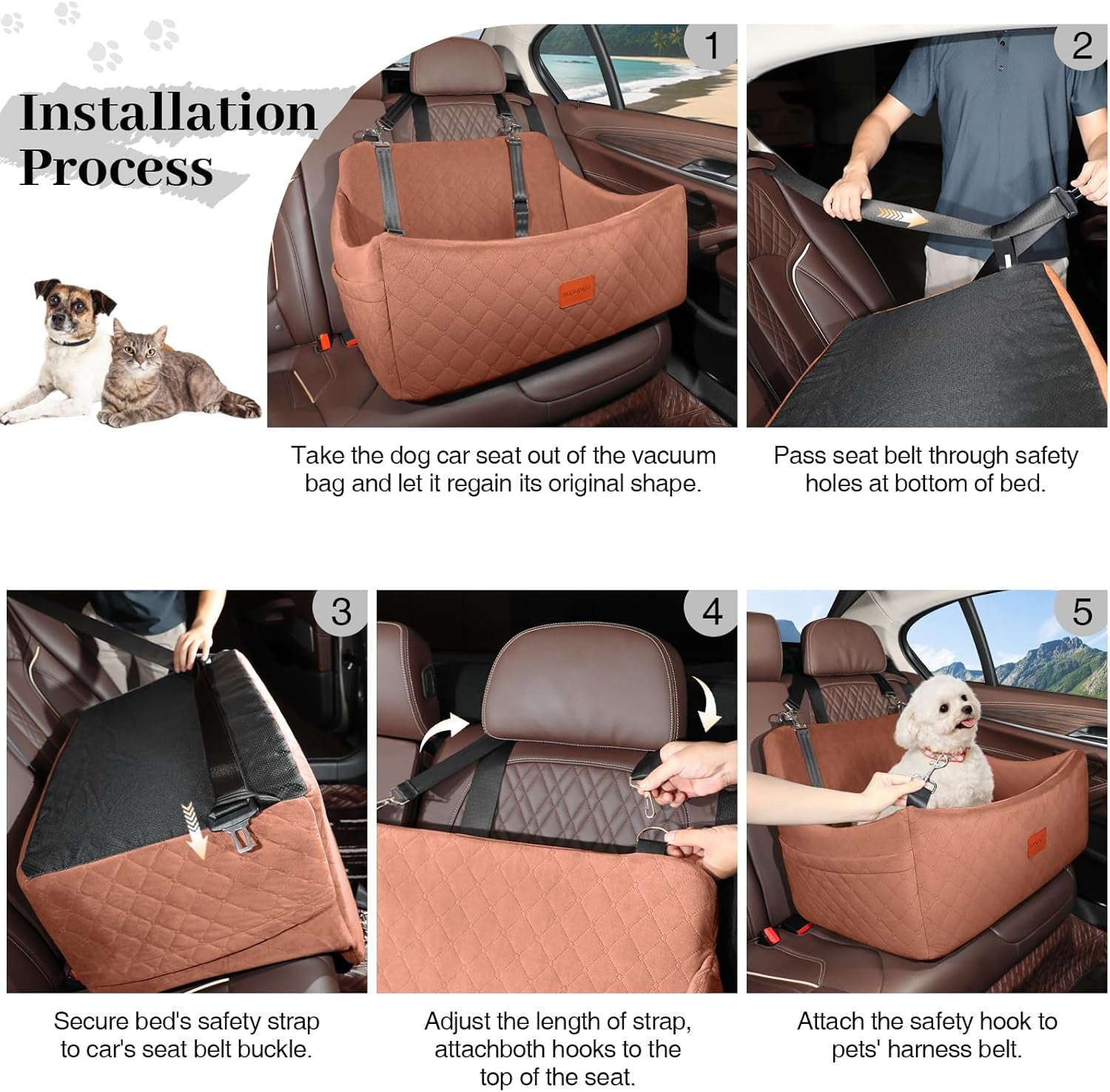 Dog Car Seat for Medium & Large Dogs up to 55Lbs (Brown, Large)