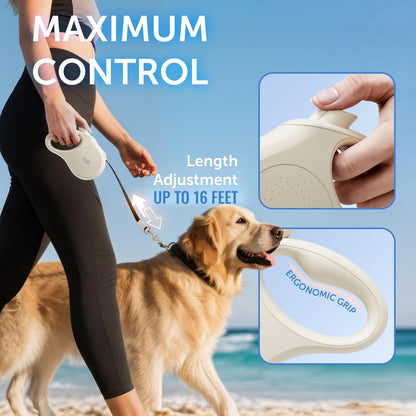 Quest Retractable Dog Leash – 16 ft, Tangle-Free (Medium, Cream)