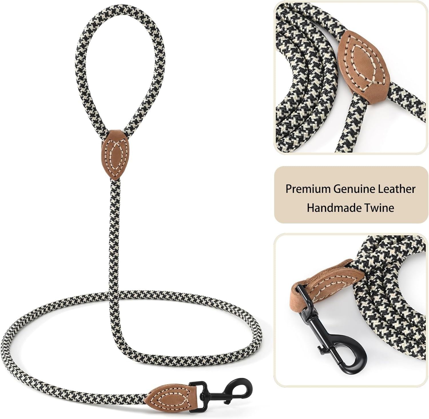 Mile High Life Leather Rope Dog Leash- Black Khaki