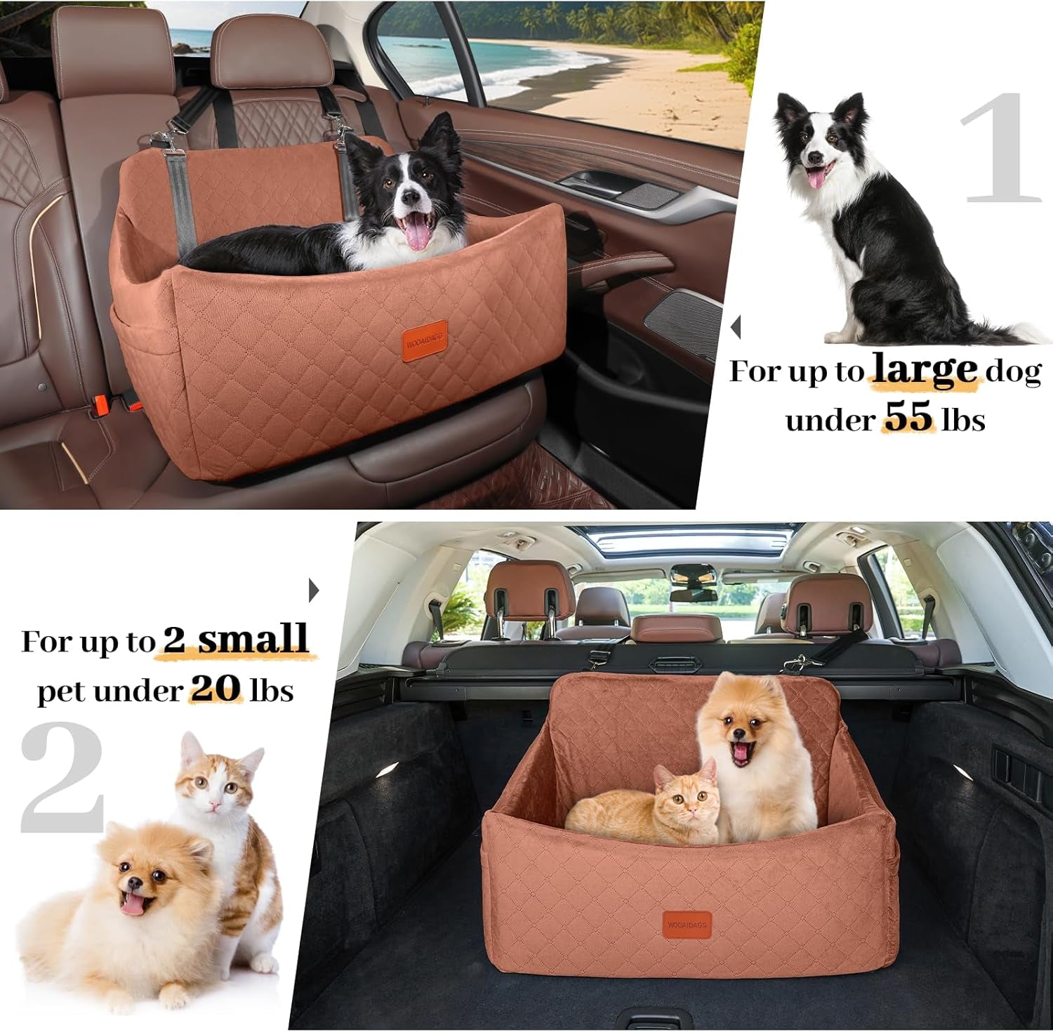 Dog Car Seat for Medium & Large Dogs up to 55Lbs (Brown, Large)
