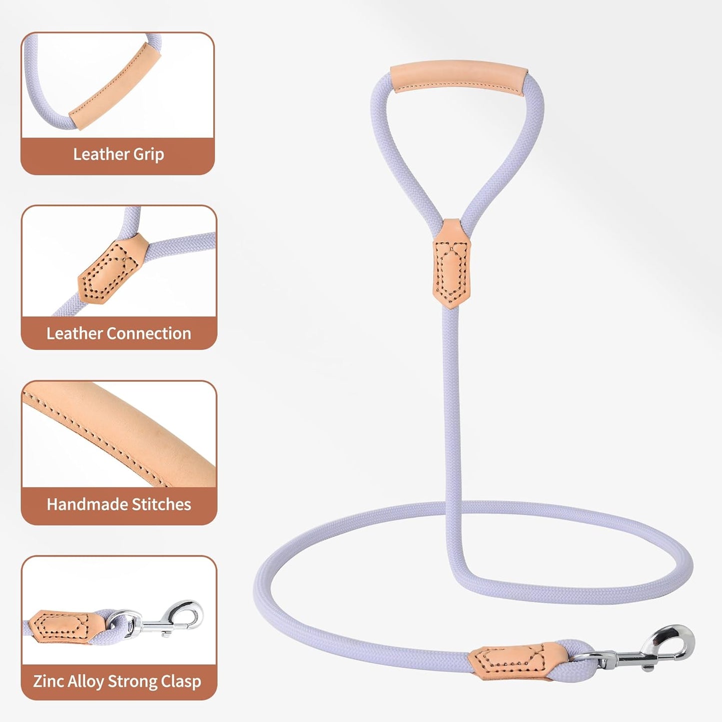 Mile High Life Leather Dog Leash, Heavy Duty Strong Genuine Leather Handle Rope Leash Soft and Comfortable for Small Medium Large Dogs (Purple, 48 Inch)