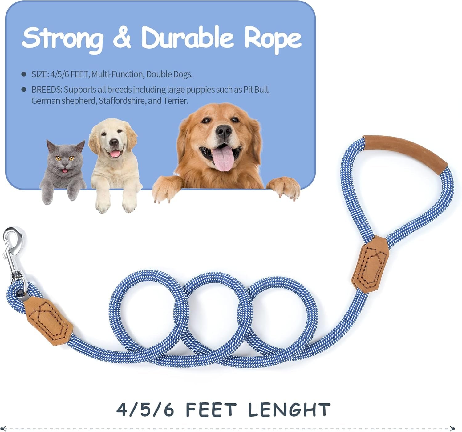 Mile High Life Leather Rope Dog Leash- Blue White