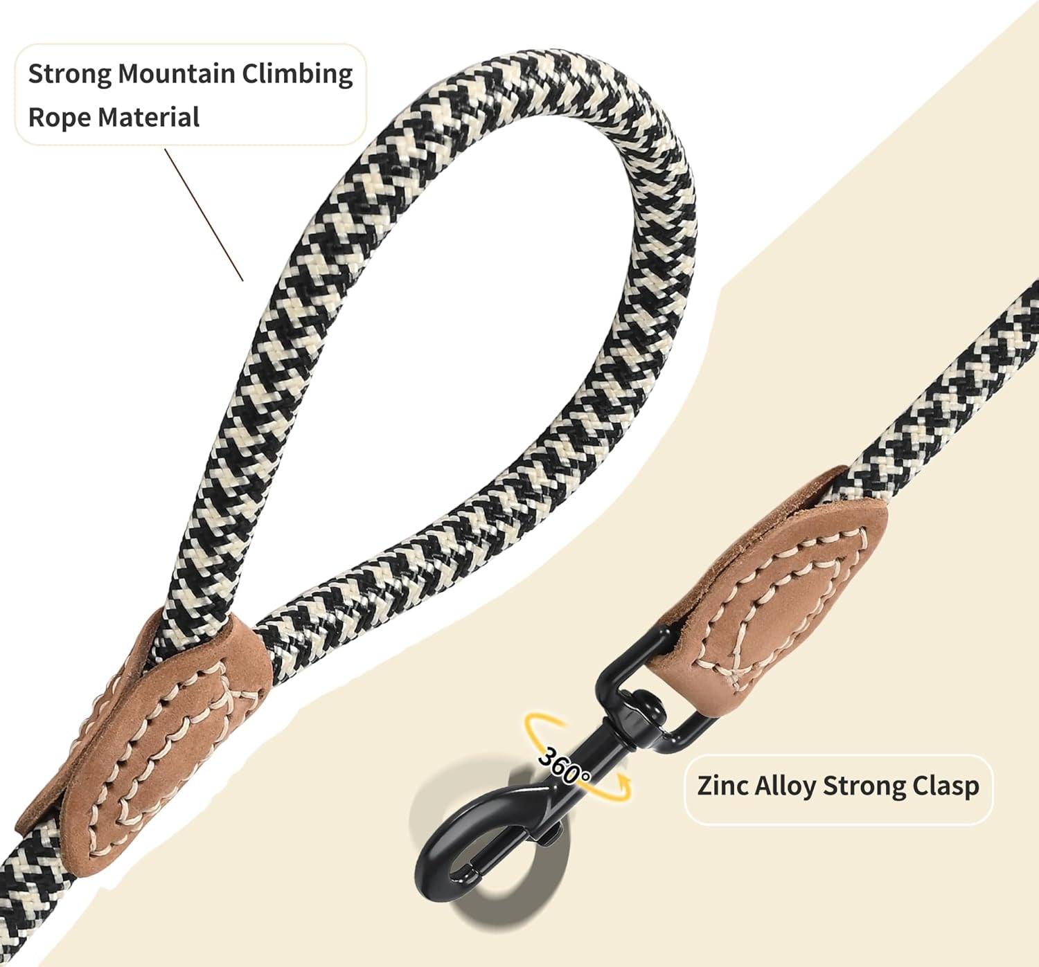 Mile High Life Leather Rope Dog Leash- Black Khaki