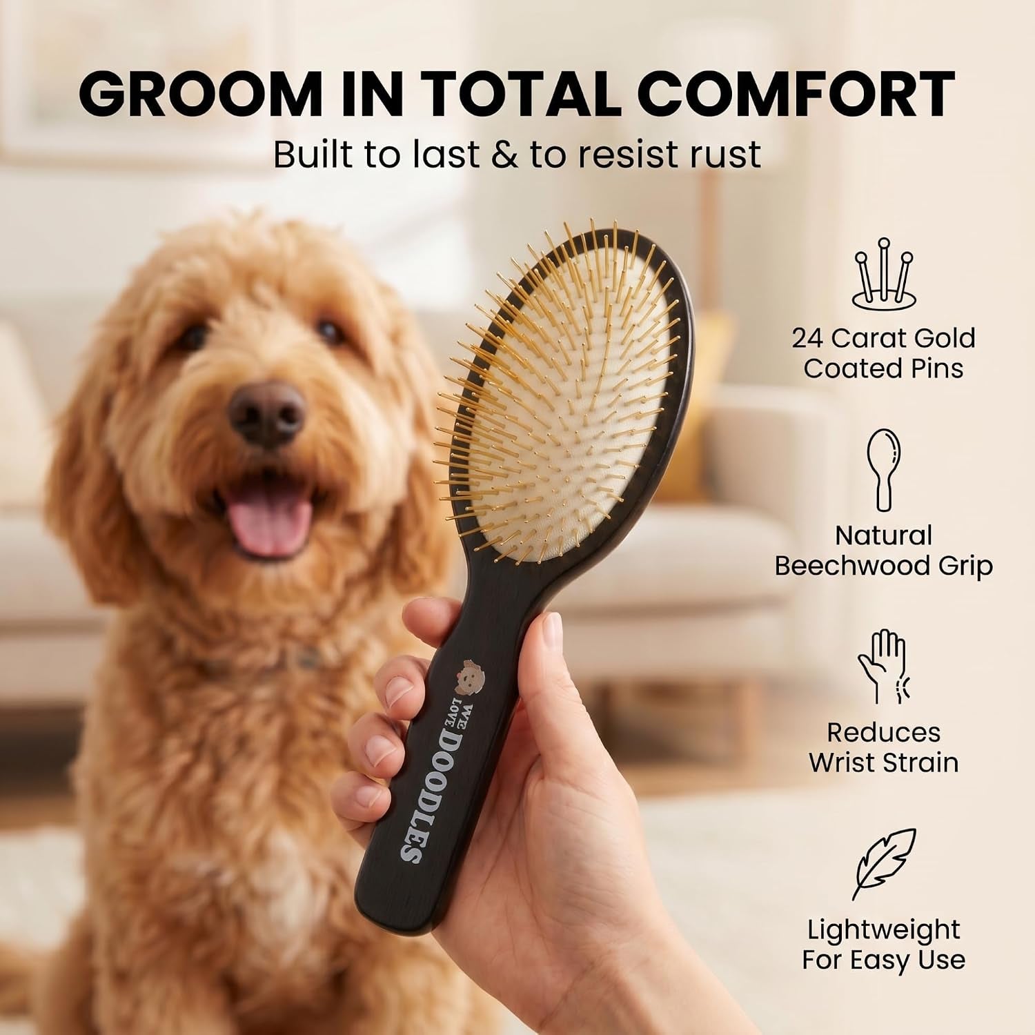 Pin Brush for Dogs, Pet Grooming Detangler Pin Dog Brush, Dog Brush for Shedding and Removing Loose Fur, Lightweight Beech Wood (Gold Pins)