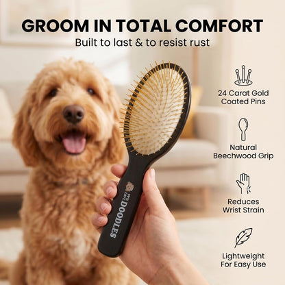 Pin Brush for Dogs, Pet Grooming Detangler Pin Dog Brush, Dog Brush for Shedding and Removing Loose Fur, Lightweight Beech Wood (Gold Pins)