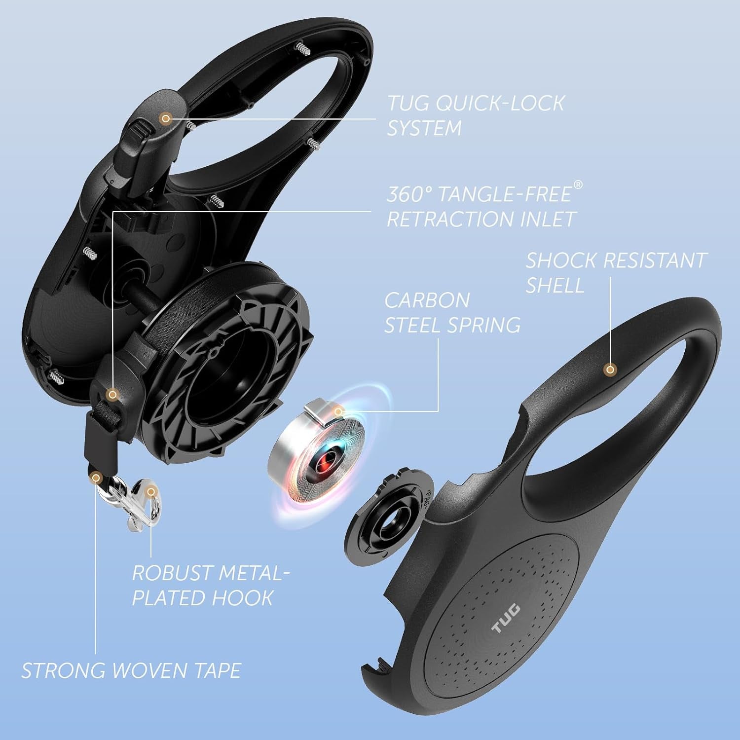 Quest Retractable Dog Leash – 16 ft, Tangle-Free (Medium, Black)