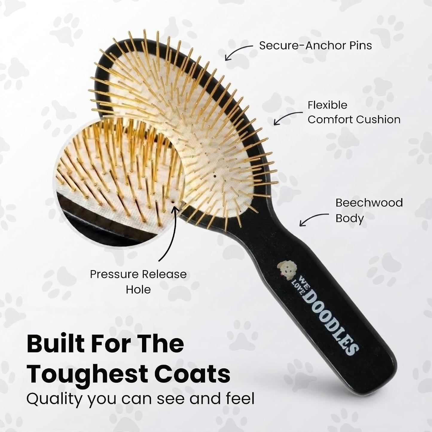 Pin Brush for Dogs, Pet Grooming Detangler Pin Dog Brush, Dog Brush for Shedding and Removing Loose Fur, Lightweight Beech Wood (Gold Pins)