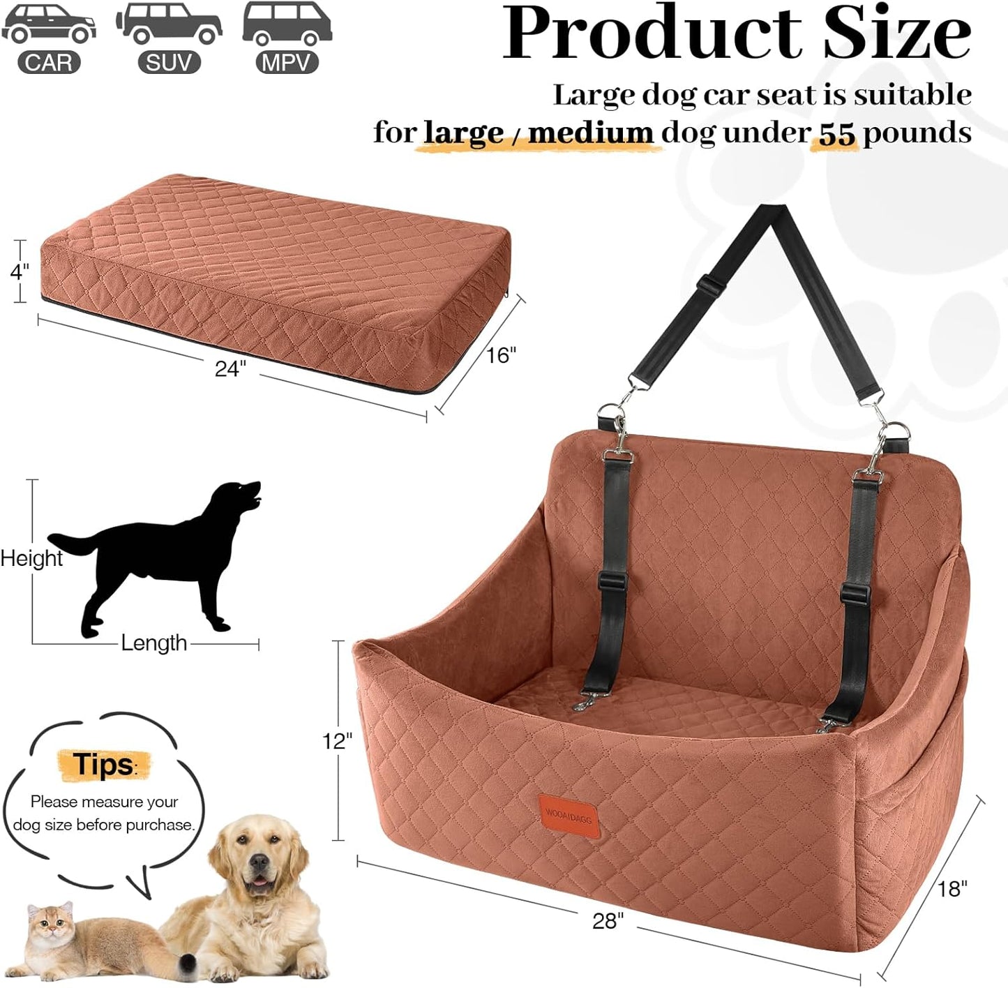 Dog Car Seat for Medium & Large Dogs up to 55Lbs (Brown, Large)